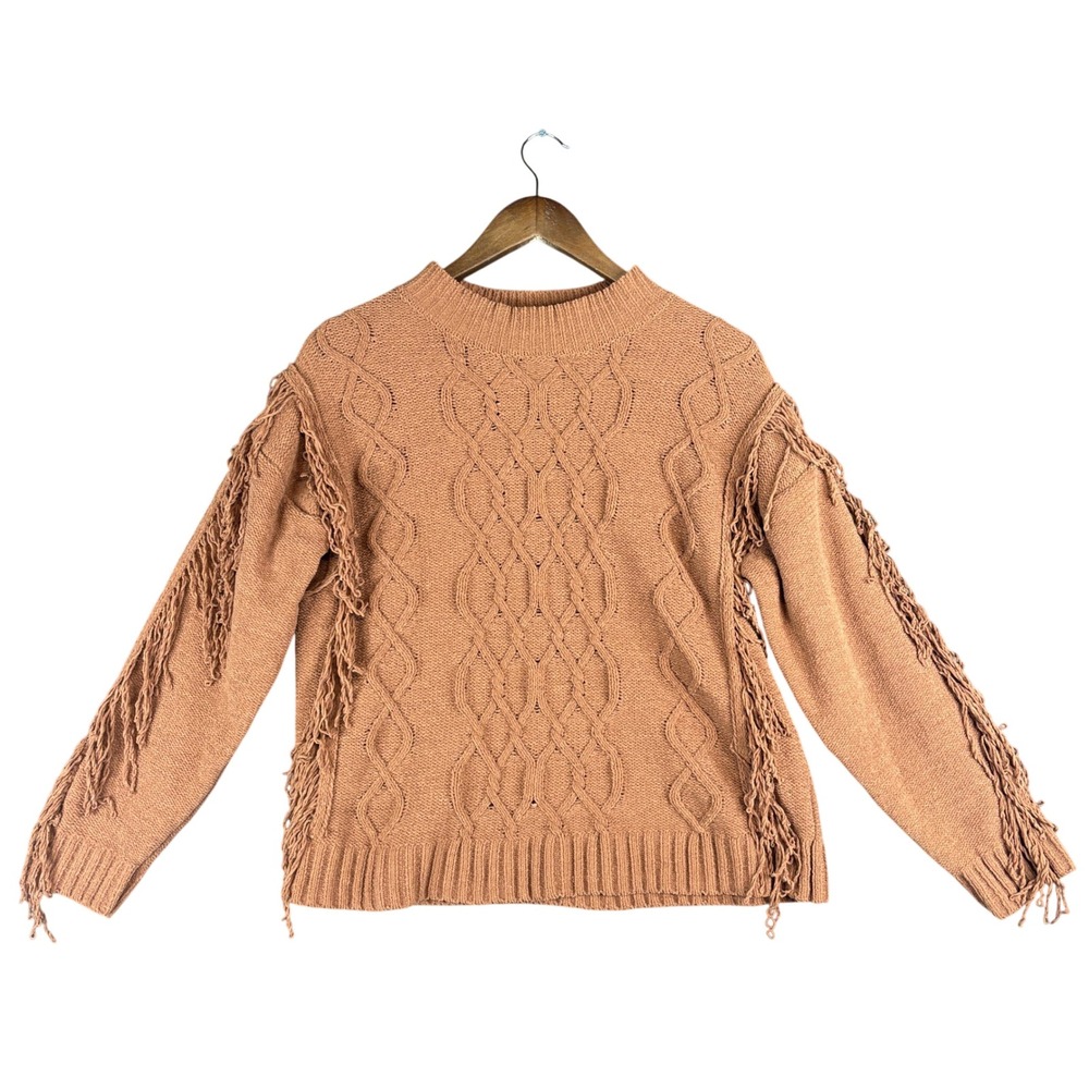 Fyve Womens Cable Knit Fringe Sleeve Sweater Rust Brown Mock Neck Size Medium